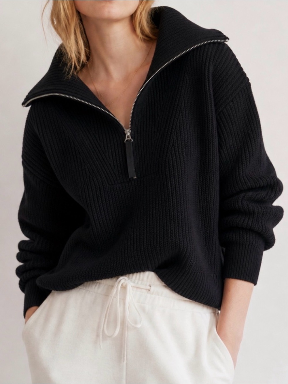 Lou & Grey Black Ribbed Half-Zip Sweater M